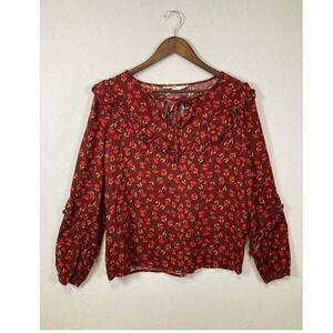 Sonoma Goods For Life Burgundy Floral Ruffle Tie‎ Neck Peasant Blouse Large